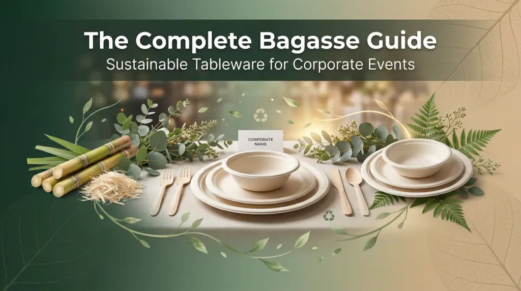 Elegant corporate event table setting with sustainable bagasse tableware and cutlery surrounded by greenery and natural decor