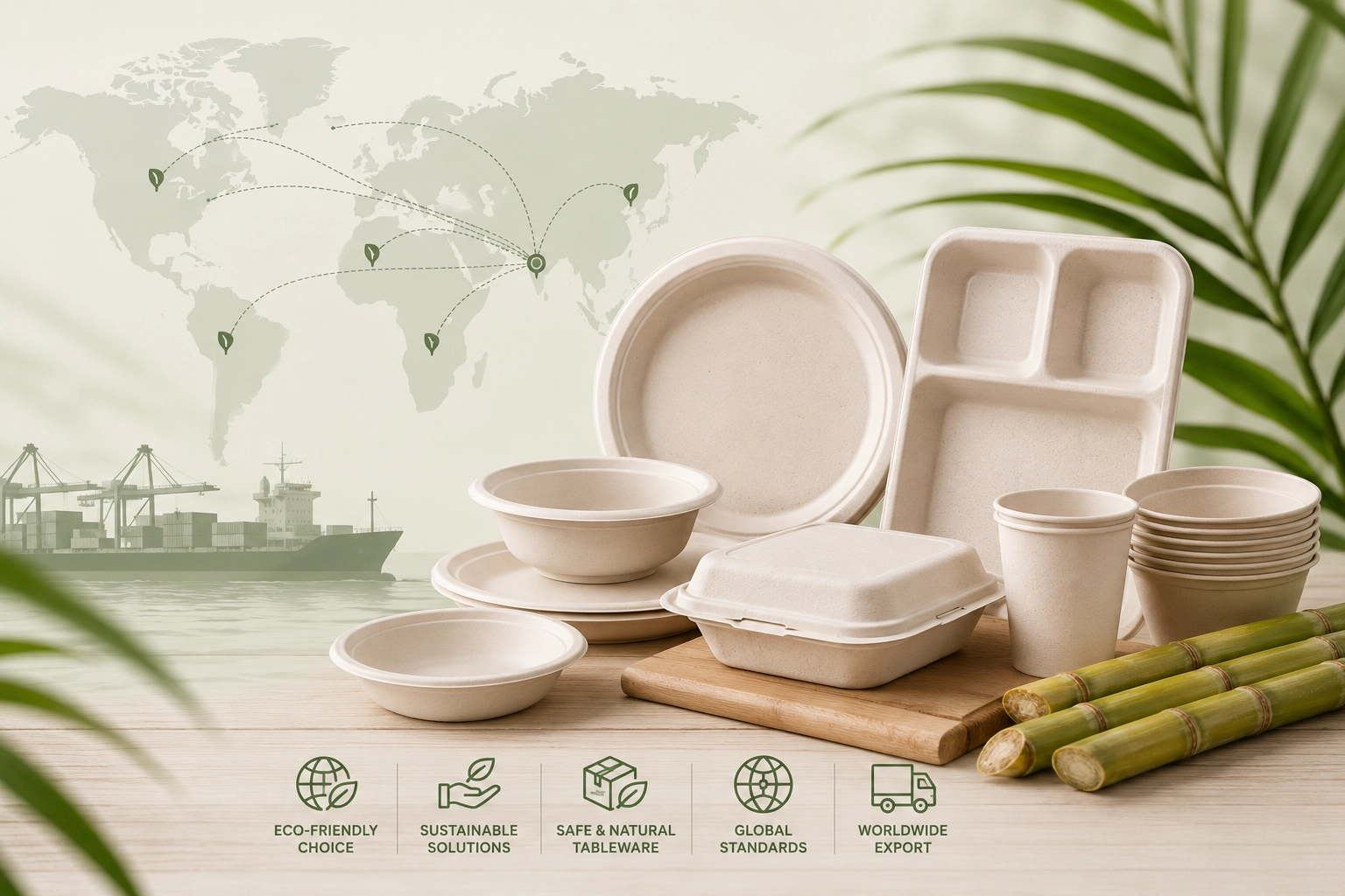 Sugarcane bagasse tableware export range from India by Pulpcraft