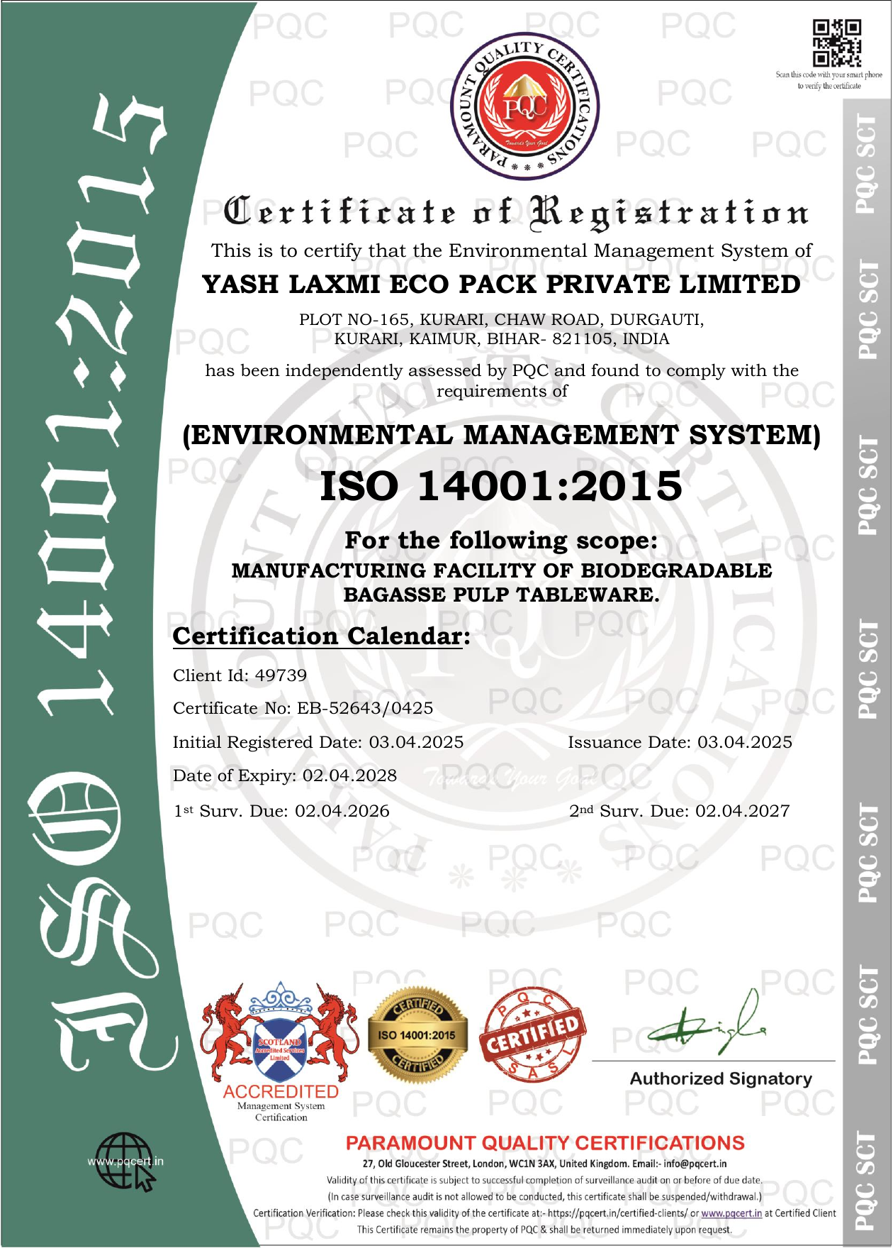 ISO 14001:2015 Environmental Management Certificate - Pulpcraft