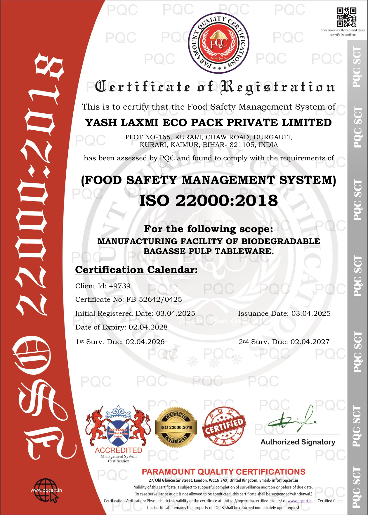 ISO 22000:2018 Food Safety Management Certificate - Pulpcraft