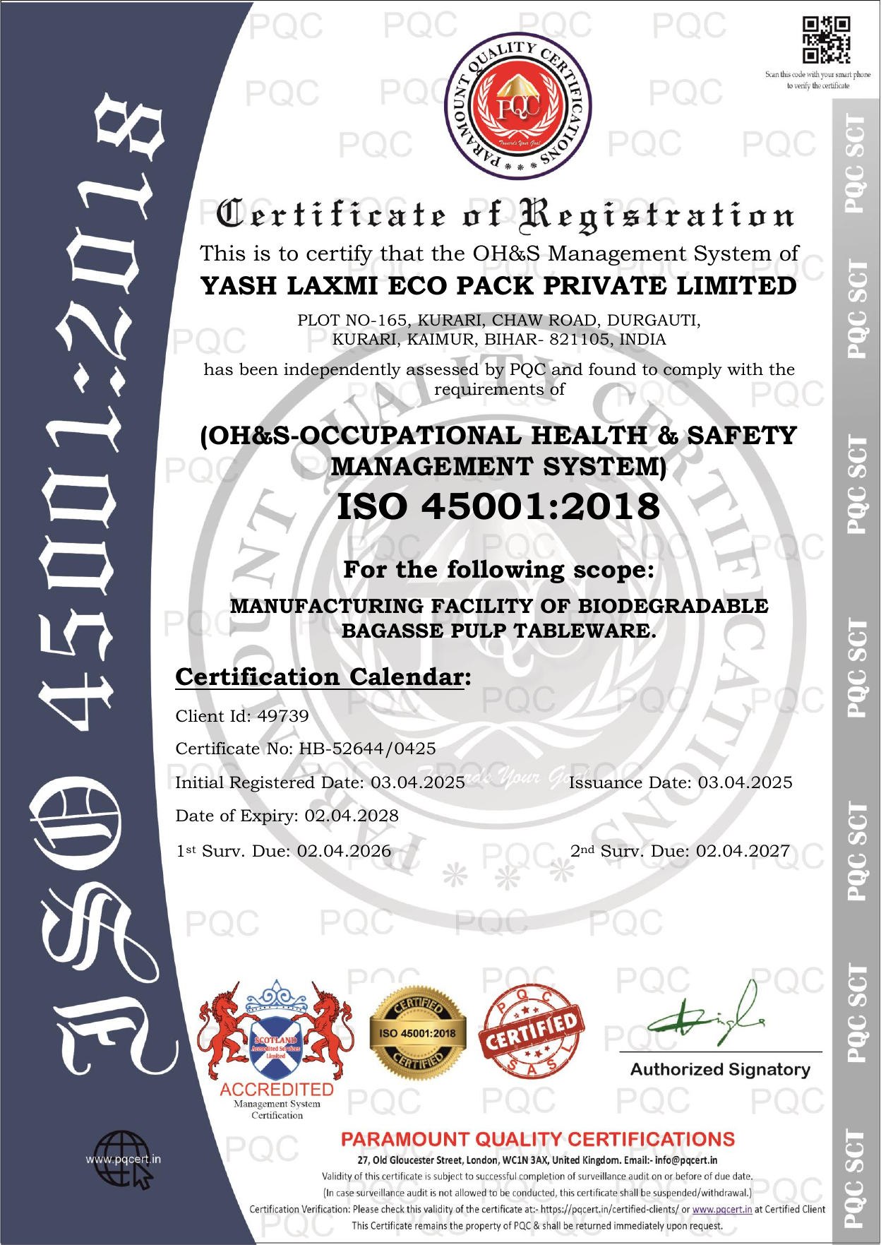 ISO 45001:2018 Occupational Health & Safety Certificate - Pulpcraft
