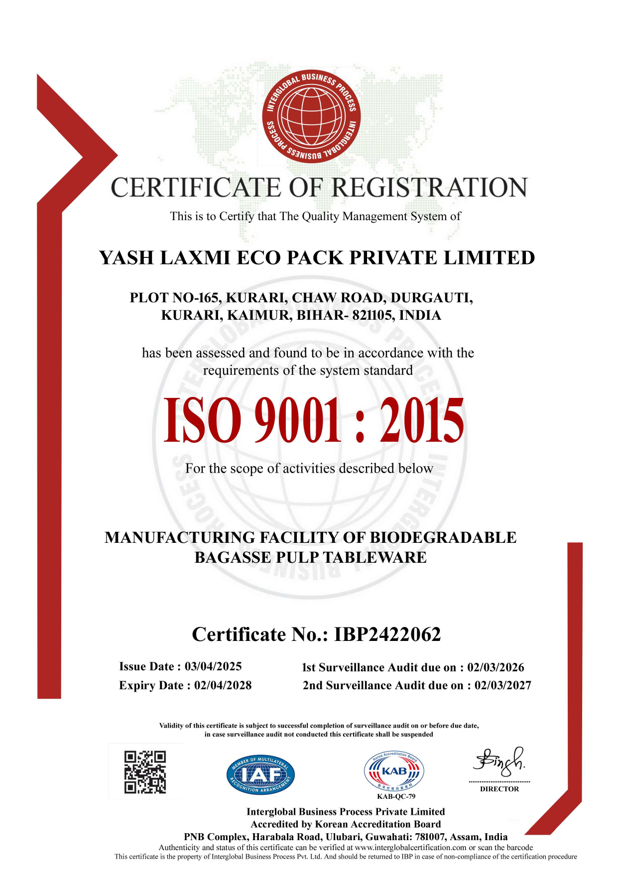 ISO 9001:2015 Quality Management System Certificate - Pulpcraft