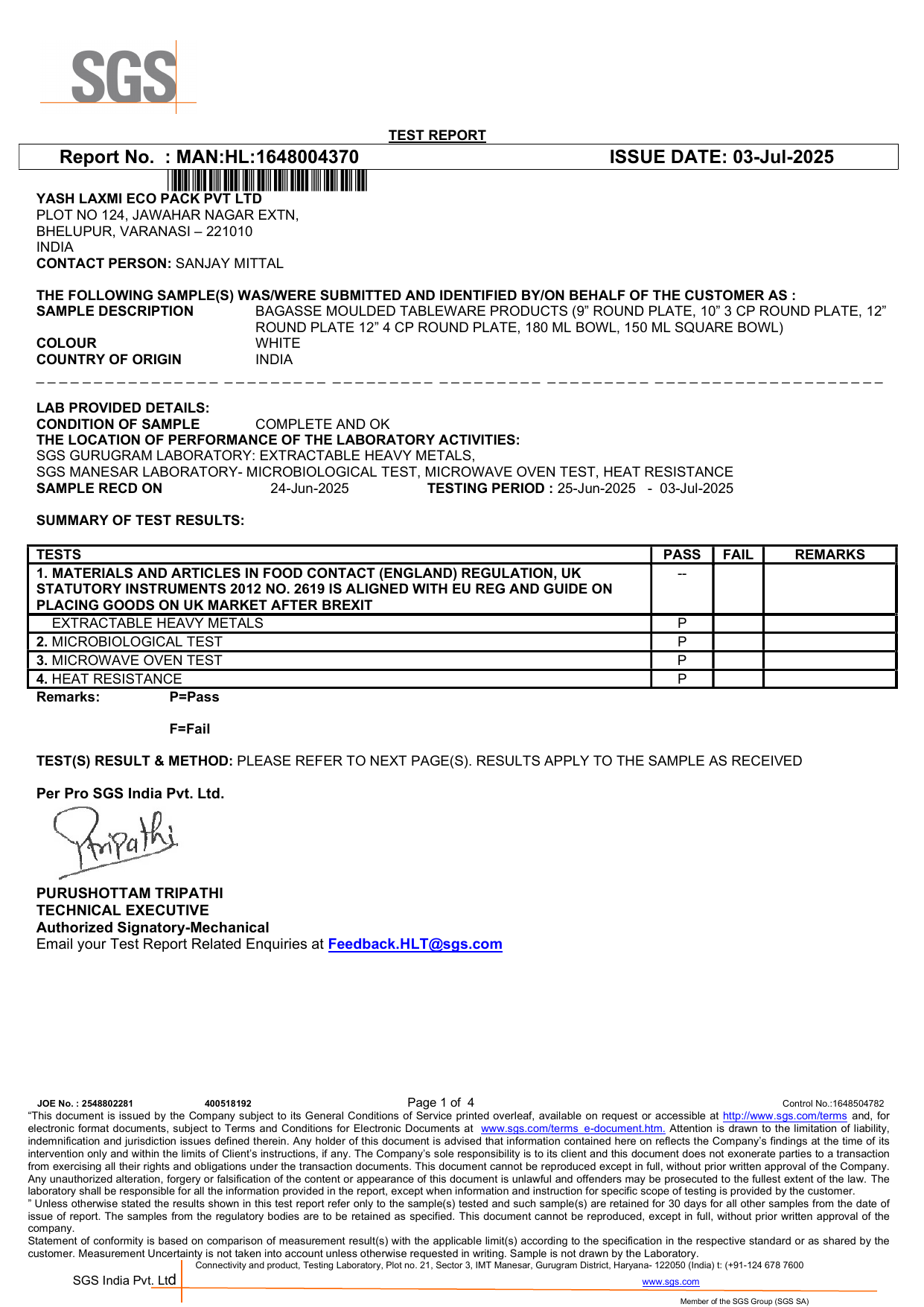 SGS Food-Contact Test Report - Pulpcraft