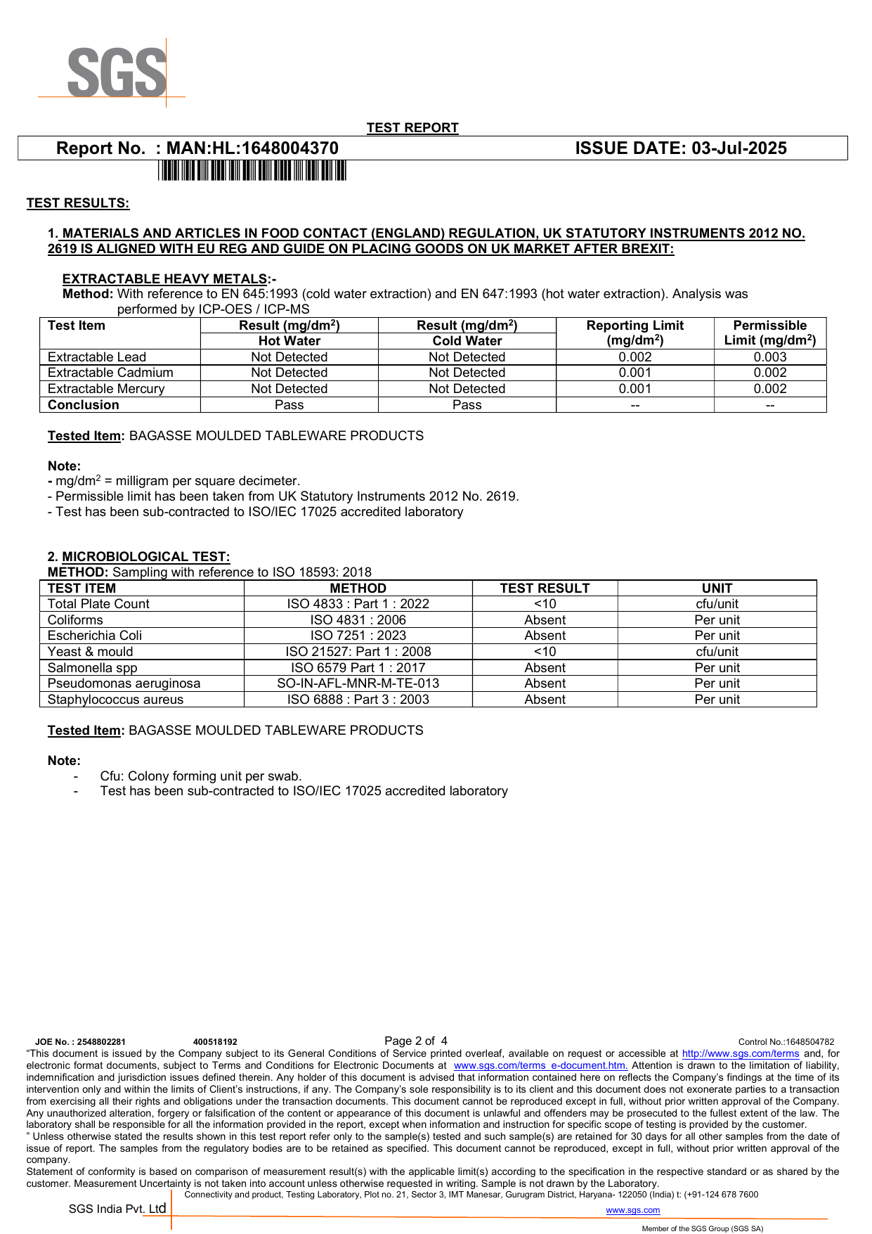 SGS Test Report migration results - Pulpcraft