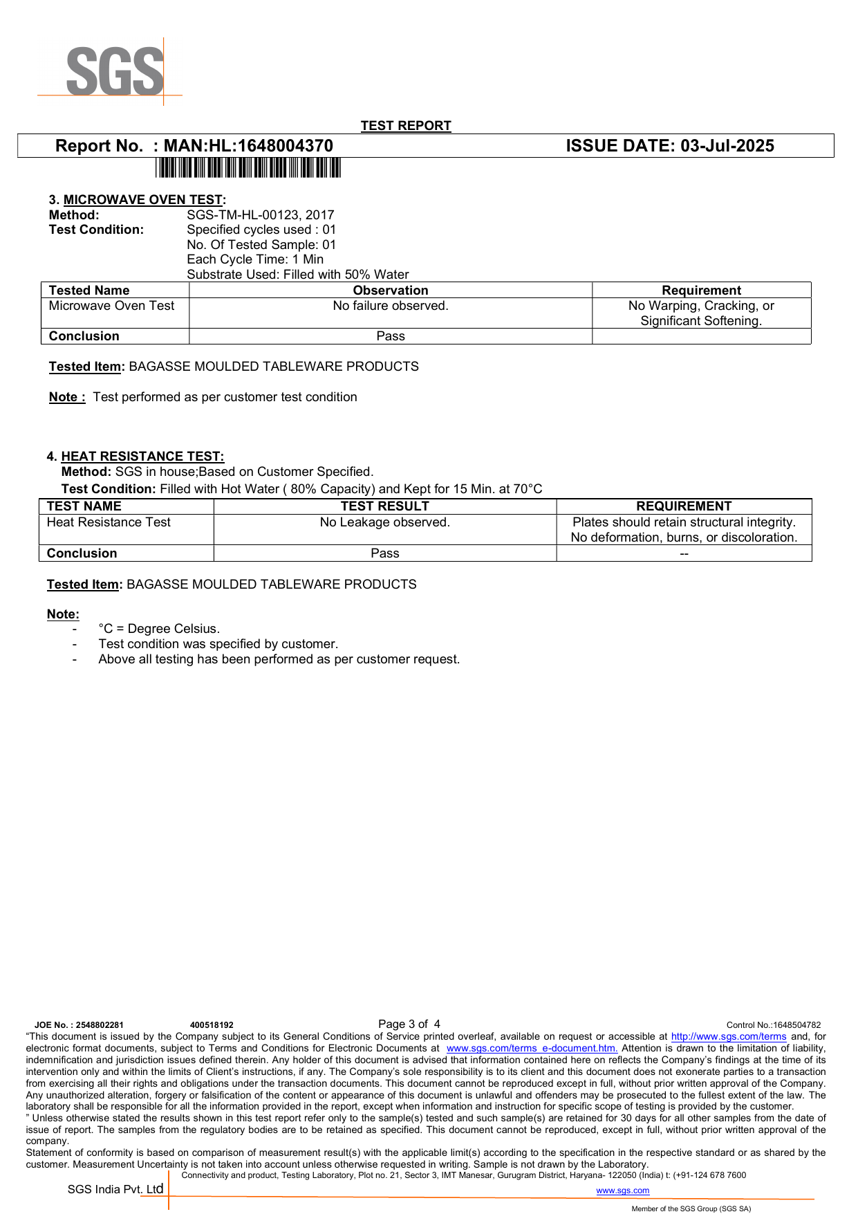 SGS Test Report microbiology and heat resistance - Pulpcraft