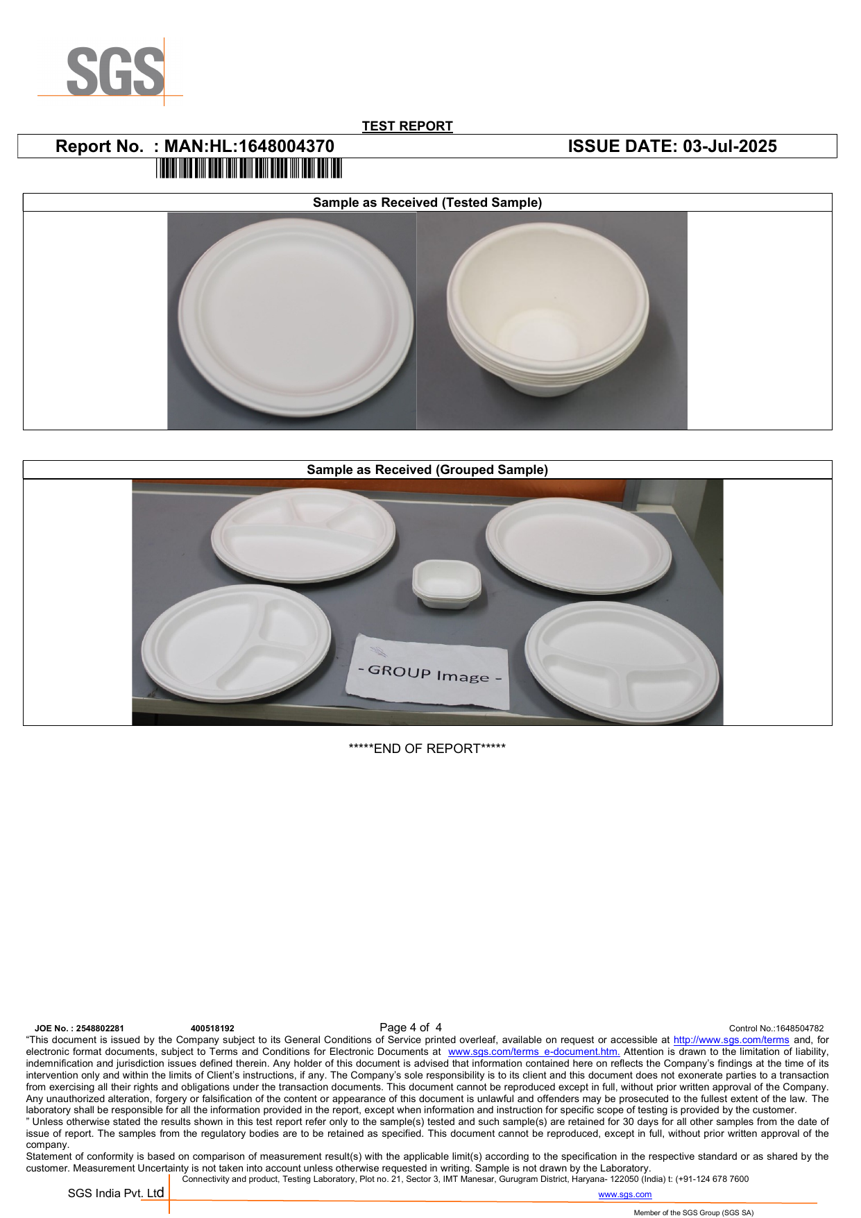 SGS Test Report sample photos - Pulpcraft