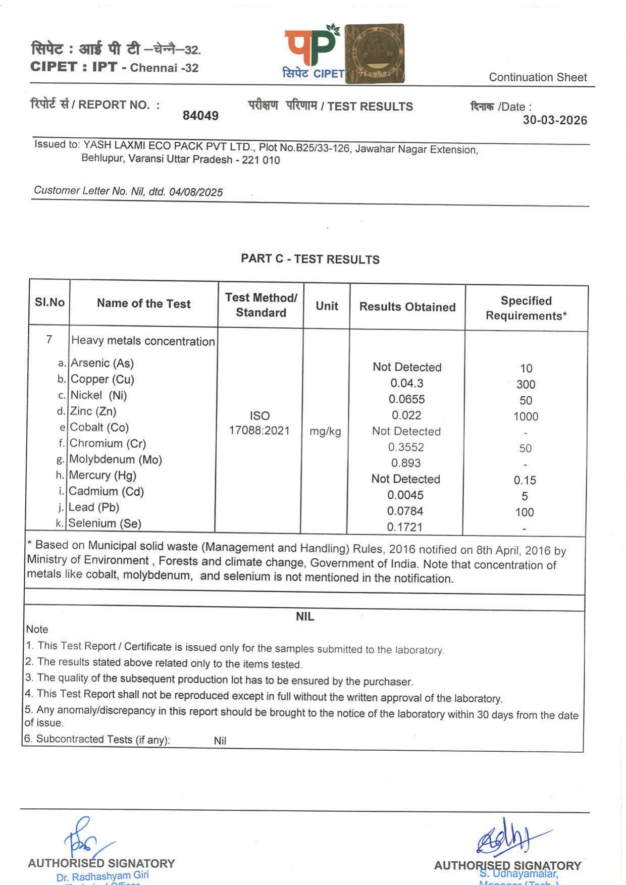 CIPET Test Report heavy metals - Pulpcraft