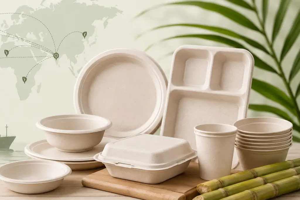 Bagasse plates, bowls, meal trays, clamshell boxes and cups made from sugarcane fibre, a non-plastic packaging option outside India EPR plastic obligations
