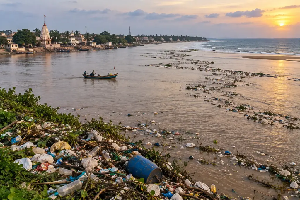 Plastic bottles and polythene waste piled on an Indian river bank at sunset, with a debris plume trailing down the river mouth into the sea past a fishing boat and temple ghat