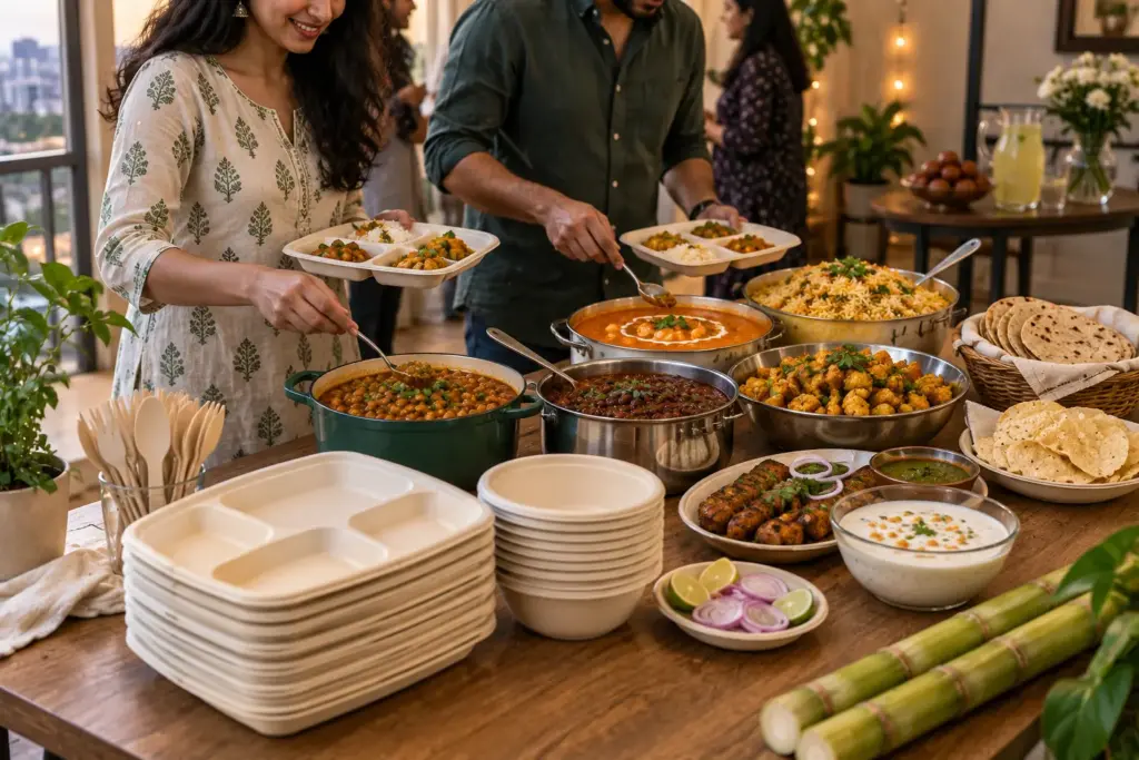 Indian potluck dinner buffet with home-cooked chole, rajma and biryani beside a stack of partitioned bagasse plates, deep bowls and sugarcane-fibre cutlery for guests